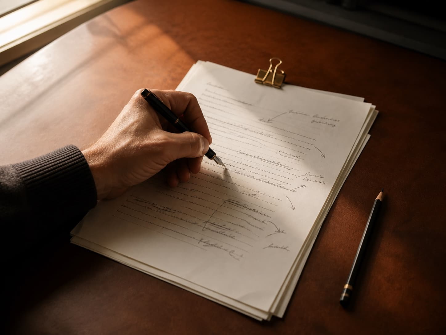 A writer revising a manuscript by hand with a fountain pen