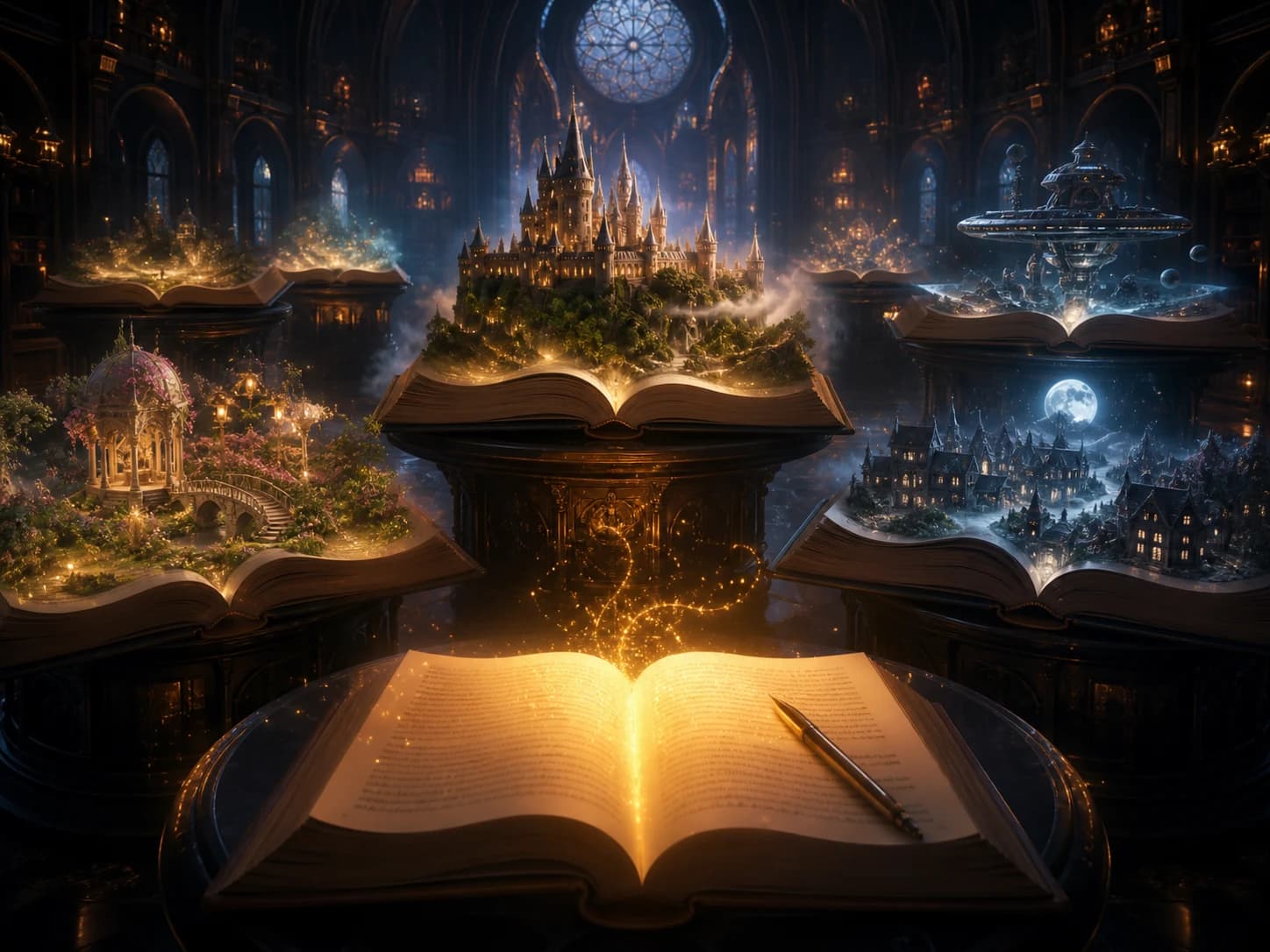 An enchanted archive where each book opens into a distinct living story world