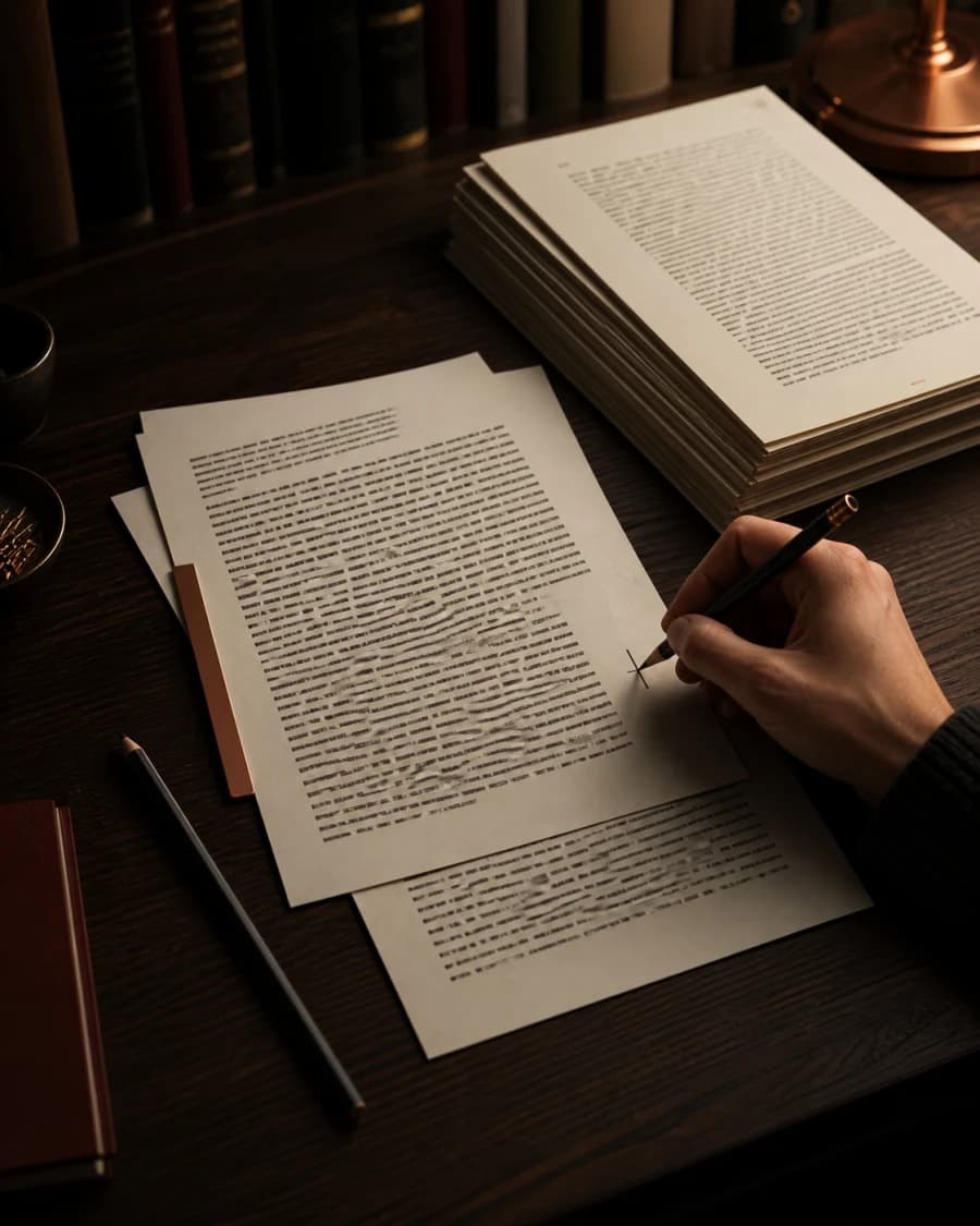 A writer carefully revising manuscript pages before continuing the story