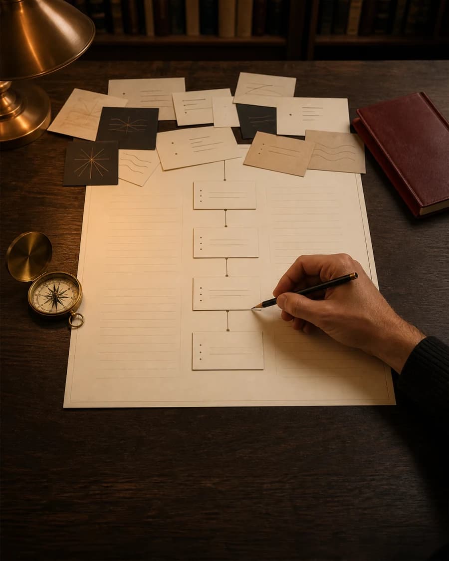 A writer arranging story fragments into a clear narrative plan